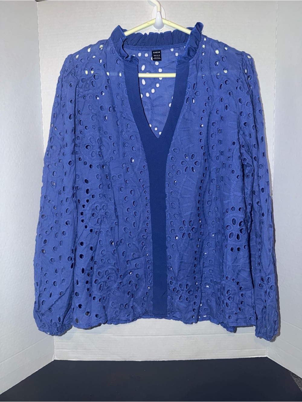 SHEIN Royal Blue Eyelet Ruffle V-Neck Top